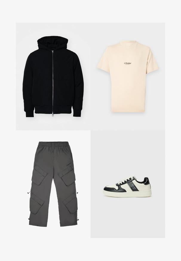 Czarna kurtka z kapturem, z suwakiem z przodu, kieszenią kangurką, ściągaczami przy mankietach i dolnym brzegu, prezentowana na jednolitym białym tle.; Krótki rękaw, kremowa koszulka wykonana z bawełny z okrągłym dekoltem. Na piersi znajduje się mały czarny nadruk z logo.; Spodnie cargo w ciemno szarym kolorze, z elastycznym pasem, wieloma kieszeniami cargo, sznurkiem do ściągania na końcach nogawek i gładką fakturą.; Skórzane sneakersy w czarno-kremowym schemacie kolorystycznym, z perforowanymi akcentami, wyściełanym kołnierzem i teksturowaną podeszwą.