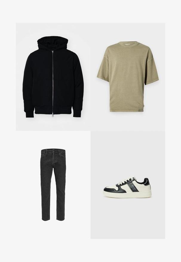 Crna kapuška jakna s prednjim zatvaračem, kenguru džepom, rebrastim manžetama i rubom, prikazana na običnoj bijeloj pozadini.; Maslinasto zelena majica kratkih rukava od mekanog materijala, s okruglim izrezom i opuštenim krojem s ušivenim rubovima.; Crne traperice s ravnim krojem, pet džepova i petljicama za remen, s lagano izblijedjelom teksturom i kontrastnim šavovima.; Kožne tenisice s crno-bijelom paletom boja, koje imaju perforirane akcentne detalje, podstavljeni ovratnik i teksturiranu potplat.