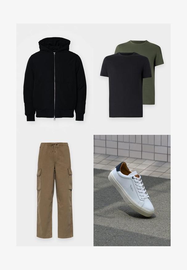 Mustaga kapuutsiga jakk, millel on esineed, kenguru tasku, soonikkoes, ja alläär, esitatud lihtsal valgel taustal.; Kaks ümarate kaelustega t-särki mustas ja oliivrohelises värvuses, valmistatud pehmest puuvillakangast. Kujundus on lihtne, lühikeste varrukatega ja sirge lõikega.; GAP BAGGY CARGO PULL ON - Kargopüksid - mud; Valge nahast tennis, millel on tumesinine konts, ümmargune nina ja kontrastsed pruuni aktsendid. Omab lamepaelti ja tekstureeritud kummist tallat.