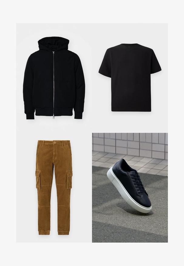 Veste à capuche noire avec fermeture éclair sur le devant, poche kangourou, poignets et ourlet côtelés, présentée sur un fond blanc uni.; T-shirt noir à manches courtes en tissu texturé, avec un col rond et une coupe décontractée. Simple, sans motifs ni accents.; Pantalons cargo en velours côtelé marron avec une coupe ajustée, dotés de poches latérales, d'une fermeture à bouton et de poignets élastiques aux chevilles.; Baskets noires en cuir avec bout arrondi et semelle en caoutchouc blanc. Elles présentent des lacets plats et une couture minimale sur la tige. Semelle texturée pour une bonne adhérence.