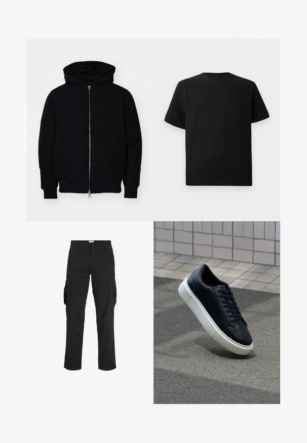 Schwarze Kapuzenjacke mit Frontreißverschluss, Kängurutasche, gerippten Bündchen und Saum, auf einem schlichten weißen Hintergrund präsentiert.; Schwarzes Kurzarm-T-Shirt aus strukturiertem Stoff, mit einem Rundhalsausschnitt und einer lockeren Passform. Einfach, ohne Muster oder Akzente.; Schwarze Cargo-Hosen aus Baumwolle mit mehreren Seitentaschen, geradem Bein und einer Knopfverschluss am Bund.; Schwarze Leder-Sneaker mit runder Zehenpartie und weißer Gummisohle. Verfügt über flache Schnürsenkel und minimale Nähte im Obermaterial. Strukturiertes Sohlenprofil für besseren Halt.