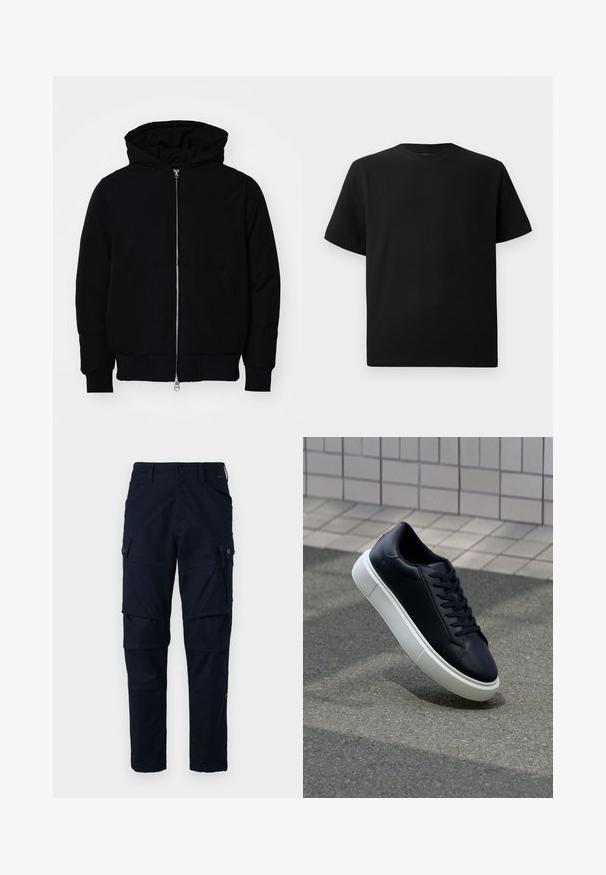 Černá kapucňová bunda s předním zipem, klokaní kapsou, vroubkovanými manžetami a spodním lemem, vystavená na čistém bílém pozadí.; Černé tričko s krátkým rukávem vyrobené z texturované látky, s kulatým výstřihem a volným střihem. Jednoduché, bez vzorů nebo akcentů.; Námořnické cargo kalhoty vyrobené z odolné látky, s mnoha kapsami, boční kapsou na zip a viditelnými detaily šití.; Černé kožené tenisky s kulatou špičkou a bílou gumovou podrážkou. mají ploché tkaničky a minimální šití na svršku. Texturovaná podrážka pro lepší přilnavost.