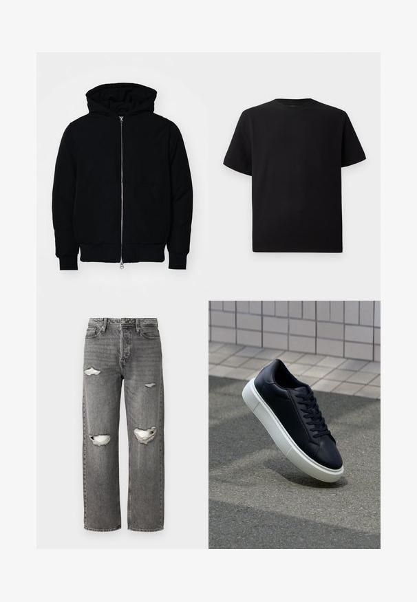 Veste à capuche noire avec fermeture éclair sur le devant, poche kangourou, poignets et ourlet côtelés, présentée sur un fond blanc uni.; T-shirt noir à manches courtes en tissu texturé, avec un col rond et une coupe décontractée. Simple, sans motifs ni accents.; Jean en denim gris avec une coupe ample, présentant des déchirures aux genoux, un design classique à cinq poches et une fermeture éclair.; Baskets noires en cuir avec bout arrondi et semelle en caoutchouc blanc. Elles présentent des lacets plats et une couture minimale sur la tige. Semelle texturée pour une bonne adhérence.