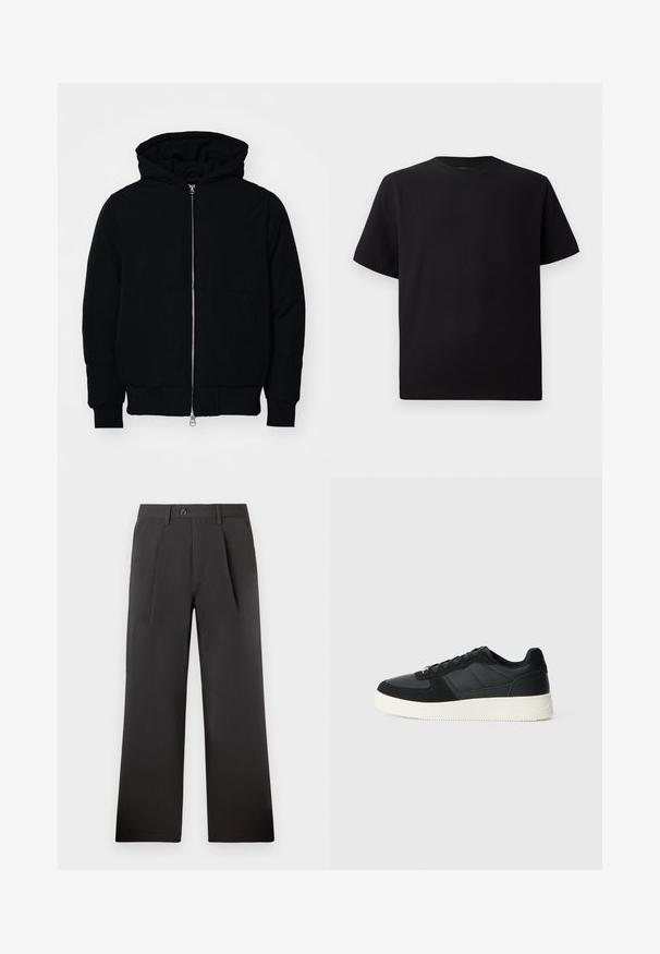 Veste à capuche noire avec fermeture éclair sur le devant, poche kangourou, poignets et ourlet côtelés, présentée sur un fond blanc uni.; T-shirt noir à manches courtes en tissu texturé, avec un col rond et une coupe décontractée. Simple, sans motifs ni accents.; Pantalons plissés noirs avec un design droit, fabriqués dans un tissu lisse. Dotés d'une fermeture à bouton et de passants de ceinture à la taille.; Baskets basses noires en cuir texturé et panneaux en daim, semelle en caoutchouc blanc et lacets noirs sur un fond clair.