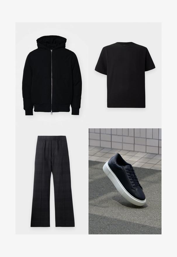 Giacca nera con cappuccio, dotata di zip frontale, tasca a marsupio, polsini e orlo a coste, esposta su uno sfondo bianco semplice.; T-shirt corto nero a maniche corte realizzato in tessuto testurizzato, con scollatura rotonda e vestibilità comoda. Semplice, senza motivi o dettagli.; Pantaloni a quadri neri con vita elastica, design a gamba larga, tessuto testurizzato e delicato motivo a scacchi su tutta la superficie.; Sneaker in pelle nera con punta arrotondata e suola in gomma bianca. Presenta lacci piatti e cuciture minime sulla parte superiore. Suola testurizzata per una migliore aderenza.