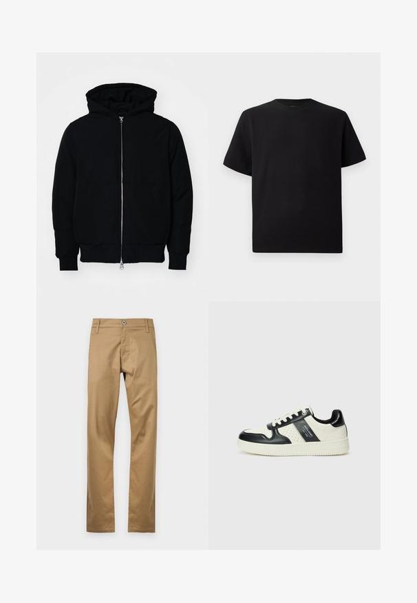 Juodas gobtuvėlis su priekiniu užtrauktuku, kengūros tipo kišene, lygiais rankogaliais ir apvadu, pateiktas ant vientiso balto fono.; Juodas trumpomis rankovėmis marškinėliai, pagaminti iš tekstūruotos medžiagos, su apvaliu iškirpimu ir laisvu siluetu. Paprasti, be raštų ar akcentų.; Šviesiai rudos medvilnės kelnės su tiesiu kirpimu, su priekiniais mygtukais, diržų kilpomis ir šoninėmis kišenėmis. Lygus paviršius.; Odiniai sportbačiai juodos ir kreminės spalvų schemoje, su perforuotais akcentais, paminkštinta apykakle ir tekstūruotu padu.