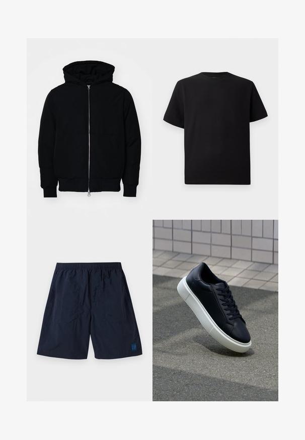 Svart hettejakke med frontglidelås, kengurulomme, ribbestrikket mansjetter og søm, vist på en ensfarget hvit bakgrunn.; Svart T-skjorte med korte ermer laget av teksturert stoff, med rund halslinning og en avslappet passform. Enkel, uten mønstre eller detaljer.; Marineblå shorts laget av lett materiale med elastisk midjebånd og en liten firkantet GAP-logo nederst til høyre.; Sorte skinnsneakers med rund tå og hvit gummisåle. Har flate lisser og minimal søm på overdelen. Strukturert såle for grep.