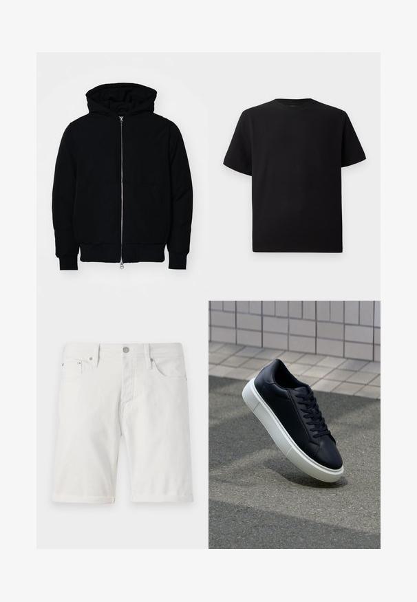 Black hooded jacket with front zipper, kangaroo pocket, ribbed cuffs, and hem, displayed on a plain white background.; Black short-sleeve T-shirt made of textured fabric, featuring a round neckline and a relaxed fit. Simple, no patterns or accents.; White denim shorts with a classic cut, featuring a rolled hem, front pockets, and a metal button closure. Smooth texture.; Black leather sneaker with rounded toe and white rubber sole. Features flat laces and minimal stitching on the upper. Textured sole for grip.