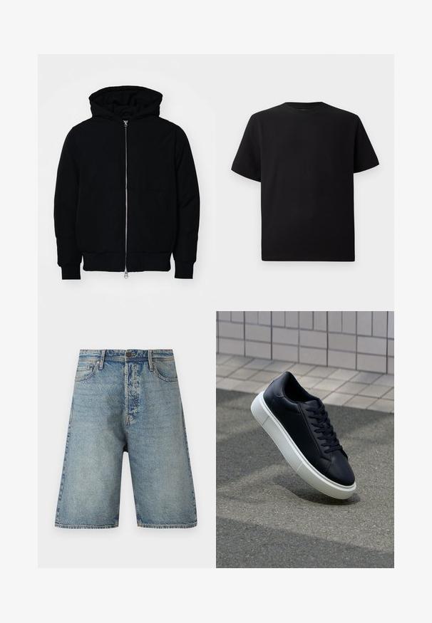 Black hooded jacket with front zipper, kangaroo pocket, ribbed cuffs, and hem, displayed on a plain white background.; Black short-sleeve T-shirt made of textured fabric, featuring a round neckline and a relaxed fit. Simple, no patterns or accents.; Denim shorts featuring a light blue wash, five-pocket design, and straight cut. Durable fabric with visible stitching and a button closure.; Black leather sneaker with rounded toe and white rubber sole. Features flat laces and minimal stitching on the upper. Textured sole for grip.