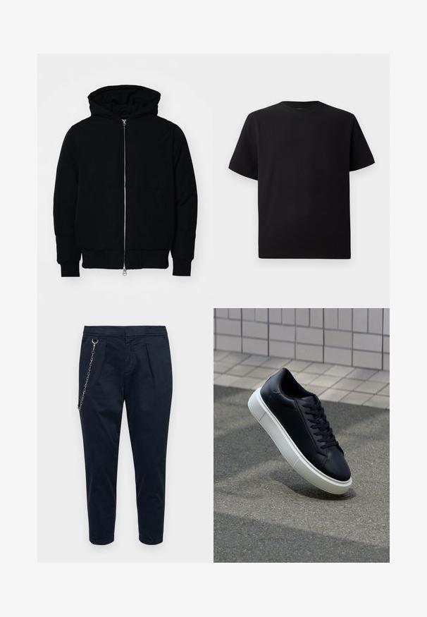 Crna kapuška jakna s prednjim zatvaračem, kenguru džepom, rebrastim manžetama i rubom, prikazana na običnoj bijeloj pozadini.; Crna majica kratkih rukava od teksturiranog materijala, s okruglim izrezom i opuštenim krojem. Jednostavna, bez uzoraka ili naglasaka.; Redefined Rebel LEE CROPPED - Hlače - sky captain; Crne kožne tenisice s zaobljenim vrhom i bijelim gumiranim potplatom. Imaju ravne vezice i minimalno šivanje na gornjem dijelu. Teksturirani potplat za bolje prianjanje.