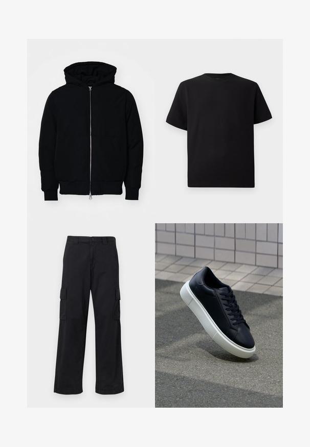 Schwarze Kapuzenjacke mit Frontreißverschluss, Kängurutasche, gerippten Bündchen und Saum, auf einem schlichten weißen Hintergrund präsentiert.; Schwarzes Kurzarm-T-Shirt aus strukturiertem Stoff, mit einem Rundhalsausschnitt und einer lockeren Passform. Einfach, ohne Muster oder Akzente.; Schwarze Cargo-Hosen aus Baumwollmischung, mit lockerer Passform, zwei seitlichen Taschen und Knopfverschluss. Glatte Textur mit minimalen Verzierungen.; Schwarze Leder-Sneaker mit runder Zehenpartie und weißer Gummisohle. Verfügt über flache Schnürsenkel und minimale Nähte im Obermaterial. Strukturiertes Sohlenprofil für besseren Halt.