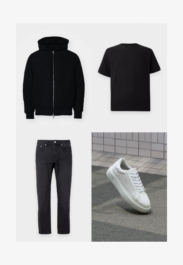 Černá kapucňová bunda s předním zipem, klokaní kapsou, vroubkovanými manžetami a spodním lemem, vystavená na čistém bílém pozadí.; Černé tričko s krátkým rukávem vyrobené z texturované látky, s kulatým výstřihem a volným střihem. Jednoduché, bez vzorů nebo akcentů.; Only & Sons ONSWEFT BOX - Džíny Straight Fit - washed black; Bílé kožené tenisky s hladkým povrchem, kulatou špičkou a plochými bílými tkaničkami. Disponují texturovanou gumovou podrážkou a minimálními designovými prvky.