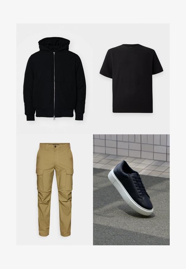 Black hooded jacket with front zipper, kangaroo pocket, ribbed cuffs, and hem, displayed on a plain white background.; Black short-sleeve T-shirt made of textured fabric, featuring a round neckline and a relaxed fit. Simple, no patterns or accents.; Khaki cargo pants made of cotton blend, featuring multiple side pockets, a straight cut, light stitching, and a button closure at the waist.; Black leather sneaker with rounded toe and white rubber sole. Features flat laces and minimal stitching on the upper. Textured sole for grip.