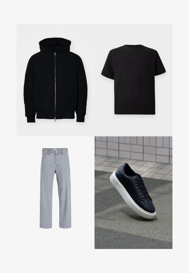 Black hooded jacket with front zipper, kangaroo pocket, ribbed cuffs, and hem, displayed on a plain white background.; Black short-sleeve T-shirt made of textured fabric, featuring a round neckline and a relaxed fit. Simple, no patterns or accents.; Light blue denim jeans with a relaxed fit, straight leg design, visible stitching, two front pockets, and a button closure.; Black leather sneaker with rounded toe and white rubber sole. Features flat laces and minimal stitching on the upper. Textured sole for grip.