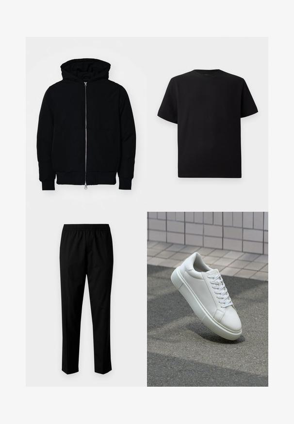Black hooded jacket with front zipper, kangaroo pocket, ribbed cuffs, and hem, displayed on a plain white background.; Black short-sleeve T-shirt made of textured fabric, featuring a round neckline and a relaxed fit. Simple, no patterns or accents.; Black trousers with an elastic waistband, featuring a straight leg design. Fabric appears smooth with a matte texture, no visible patterns.; White leather sneaker with a smooth surface, round toe, and flat white laces. Features a textured rubber sole and minimal design elements.