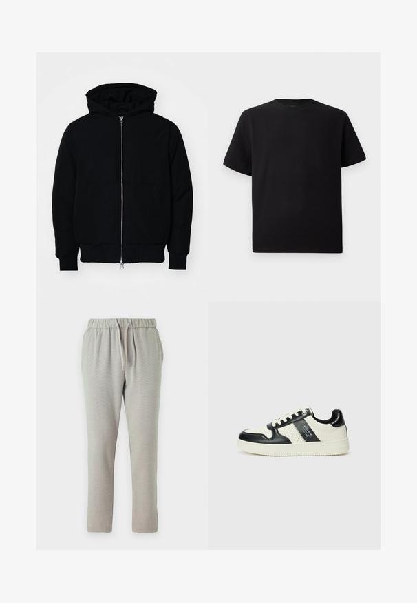 Zwarte hoodie met rits aan de voorkant, kangoeroe-pocket, geribbelde manchetten en zoom, weergegeven op een effen witte achtergrond.; Zwarte T-shirt met korte mouwen van gemerceriseerd stof, met een ronde halslijn en een relaxte pasvorm. Eenvoudig, zonder patronen of accenten.; Lichtgrijze sweatpants met een elastische tailleband en een trekkoord, taps toelopende pijpen en een textuurstof voor extra comfort.; Leren sneakers met een zwart en crèmekleurig kleurenschema, voorzien van geperforeerde accenten, een gevoerde kraag en een gestructureerde buitenzool.