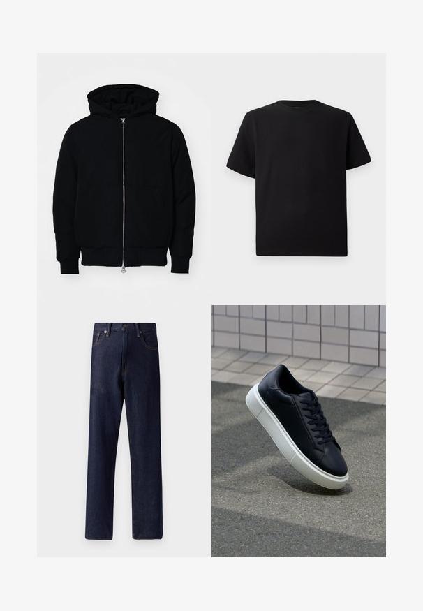Svart hettejakke med frontglidelås, kengurulomme, ribbestrikket mansjetter og søm, vist på en ensfarget hvit bakgrunn.; Svart T-skjorte med korte ermer laget av teksturert stoff, med rund halslinning og en avslappet passform. Enkel, uten mønstre eller detaljer.; Mørkeblå denimjeans med rak benkutt, fem lommer og subtile søm detaljer. Midje i normal høyde med metallknapp og glidelås-lukking.; Sorte skinnsneakers med rund tå og hvit gummisåle. Har flate lisser og minimal søm på overdelen. Strukturert såle for grep.