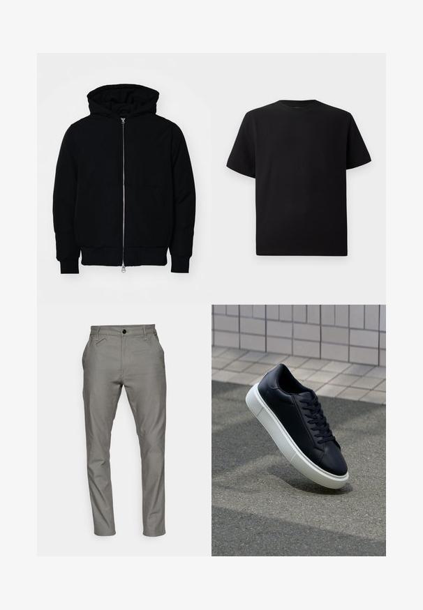 Black hooded jacket with front zipper, kangaroo pocket, ribbed cuffs, and hem, displayed on a plain white background.; Black short-sleeve T-shirt made of textured fabric, featuring a round neckline and a relaxed fit. Simple, no patterns or accents.; Grey trousers made from a smooth fabric, featuring a button closure, side pockets, and a tapered fit with stitched detailing.; Black leather sneaker with rounded toe and white rubber sole. Features flat laces and minimal stitching on the upper. Textured sole for grip.