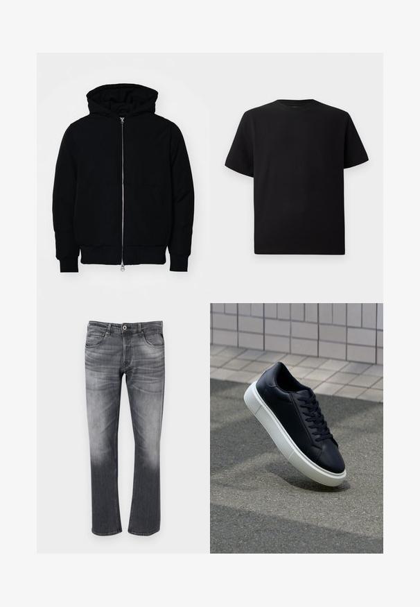 Jachetă neagră cu glugă, cu fermoar în față, buzunar tip kangaroo, mansete și tiv ribbed, prezentată pe un fundal alb simplu.; Tricou negru cu mânecă scurtă, realizat dintr-un material texturat, cu decolteu rotund și o croială relaxată. Simplu, fără modele sau accente.; Jeans din denim gri cu un finisaj decolorat. Prezintă cinci buzunare, bucle pentru curea și cusături în contrast. Stil dreaptă cu hardware minim.; Tenis cu piele neagră, cu vârful rotund și talpă din cauciuc alb. Are șireturi plate și cusături minime pe suprafață. Tălpile texturate oferă aderență.