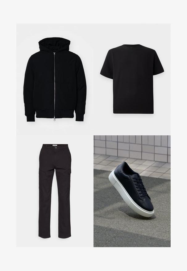 Crna kapuška jakna s prednjim zatvaračem, kenguru džepom, rebrastim manžetama i rubom, prikazana na običnoj bijeloj pozadini.; Crna majica kratkih rukava od teksturiranog materijala, s okruglim izrezom i opuštenim krojem. Jednostavna, bez uzoraka ili naglasaka.; Crne cargo hlače s ravnim krojem, s bočnim džepovima, kopčanjem na dugme i čvrstom mješavinom pamuka.; Crne kožne tenisice s zaobljenim vrhom i bijelim gumiranim potplatom. Imaju ravne vezice i minimalno šivanje na gornjem dijelu. Teksturirani potplat za bolje prianjanje.