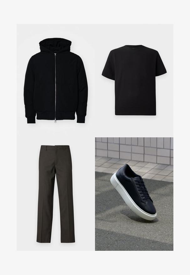 Melna kapucēta jaka ar priekšējo rāvējslēdzēju, kenguru kabatu, ribinātām aprocēm un apakšmalu, parādīta uz vienkārša balta fona.; Melnās īsām piedurknēm T-krekls no teksturēta auduma, ar apaļu kakla izgriezumu un brīvu piegriezumu. Vienkāršs, bez rakstiem vai akcentiem.; Tumši brūni bikses, izgatavotas no gludas auduma, ar taisnu kāju dizainu, priekšējo kabatu un pogu aizdari uz jostasvietas.; Melnas ādas kedas ar noapaļotu pirkstu un baltu gumijas zoli. Iespējas - plakanas šņorītes un minimāla apdare augšdaļā. Struktūrēta zole, lai nodrošinātu saķeri.