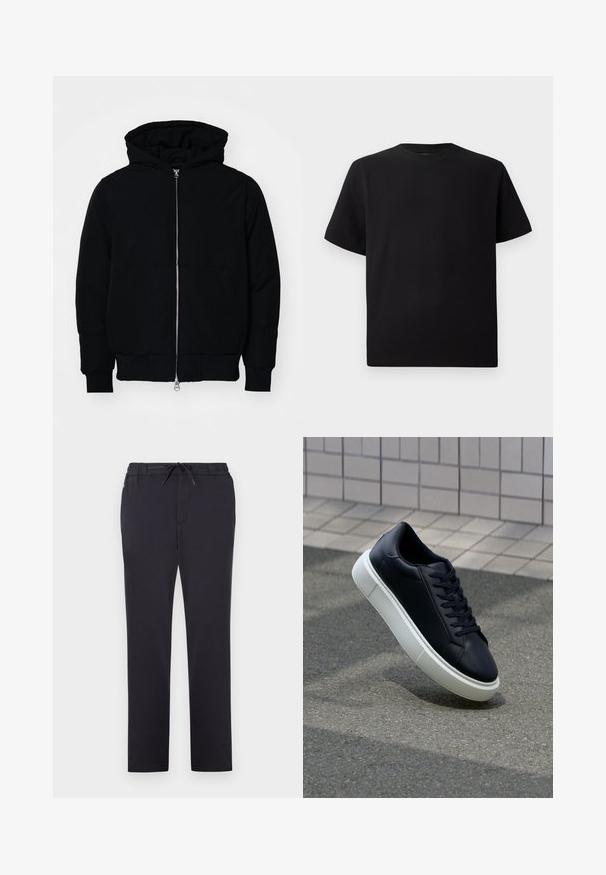 Schwarze Kapuzenjacke mit Frontreißverschluss, Kängurutasche, gerippten Bündchen und Saum, auf einem schlichten weißen Hintergrund präsentiert.; Schwarzes Kurzarm-T-Shirt aus strukturiertem Stoff, mit einem Rundhalsausschnitt und einer lockeren Passform. Einfach, ohne Muster oder Akzente.; Schwarze Sporthosen aus weichem Stoff mit einem elastischen Bund, verstellbarem Kordelzug und geradem Schnitt. Keine sichtbaren Muster oder Verzierungen.; Schwarze Leder-Sneaker mit runder Zehenpartie und weißer Gummisohle. Verfügt über flache Schnürsenkel und minimale Nähte im Obermaterial. Strukturiertes Sohlenprofil für besseren Halt.
