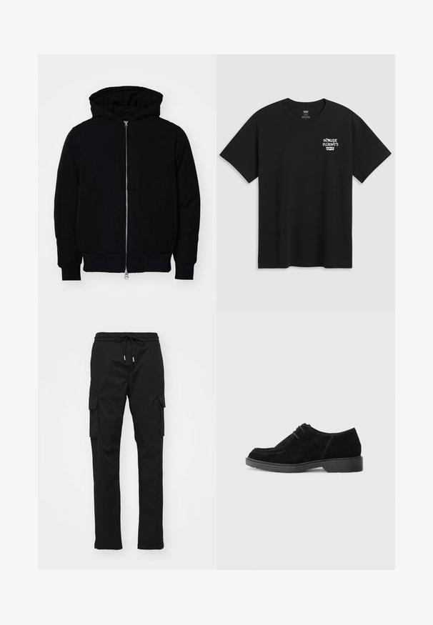 Black hooded jacket with front zipper, kangaroo pocket, ribbed cuffs, and hem, displayed on a plain white background.; Black cotton t-shirt featuring a chest print that reads "HOUSE PLANTS" in white stylized font with "Levi's" below. Classic crew neckline.; Black cargo pants made of a smooth fabric, featuring an elastic waistband with drawstring, side pockets, and cargo pockets on both legs.; Black suede dress shoe with a rounded toe, contrasting stitching, and a rubber sole. Features minimal lacing and a smooth upper design.