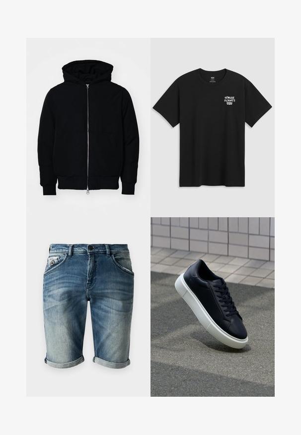 Crna kapuška jakna s prednjim zatvaračem, kenguru džepom, rebrastim manžetama i rubom, prikazana na običnoj bijeloj pozadini.; Crna pamučna majica s printom na prsima koji glasi "KUĆNE BILJKE" u bijelom stiliziranom fontu s "Levi's" ispod. Klasični okrugli izrez.; Traperice s kratkim nogavicama u izblijedjeloj plavoj nijansi s blago istrošenom teksturom. Imaju zarolane rubove, prednje džepove i klasično kopčanje na gumb.; Crne kožne tenisice s zaobljenim vrhom i bijelim gumiranim potplatom. Imaju ravne vezice i minimalno šivanje na gornjem dijelu. Teksturirani potplat za bolje prianjanje.