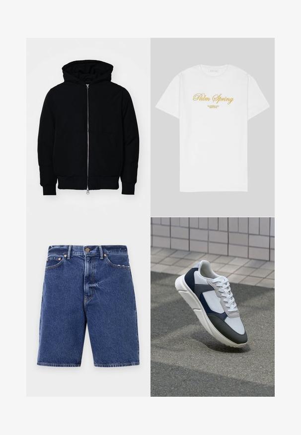 Black hooded jacket with front zipper, kangaroo pocket, ribbed cuffs, and hem, displayed on a plain white background.; White cotton t-shirt featuring gold text that reads "Palm Spring" with "California Love Eighty Five" below, relaxed fit, crew neck design.; Denim shorts in dark blue with a classic cut, featuring a button closure, five pockets, and contrasting orange stitching.; White, navy, and gray sneaker with a mixed material design, featuring a textured upper, flat laces, and a cushioned sole.