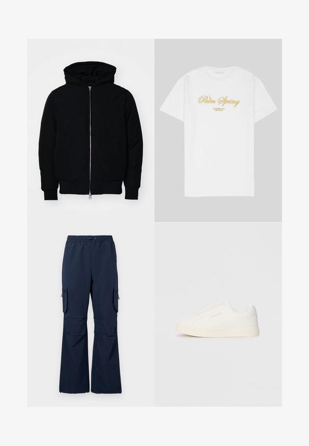 Black hooded jacket with front zipper, kangaroo pocket, ribbed cuffs, and hem, displayed on a plain white background.; White cotton t-shirt featuring gold text that reads "Palm Spring" with "California Love Eighty Five" below, relaxed fit, crew neck design.; Navy cargo pants made of lightweight fabric featuring a drawstring waist, two side pockets, and zippered cargo pockets on both legs.; White slip-on sneakers with a textured surface, a thick sole, and minimalistic design. Features brand logo on the side.
