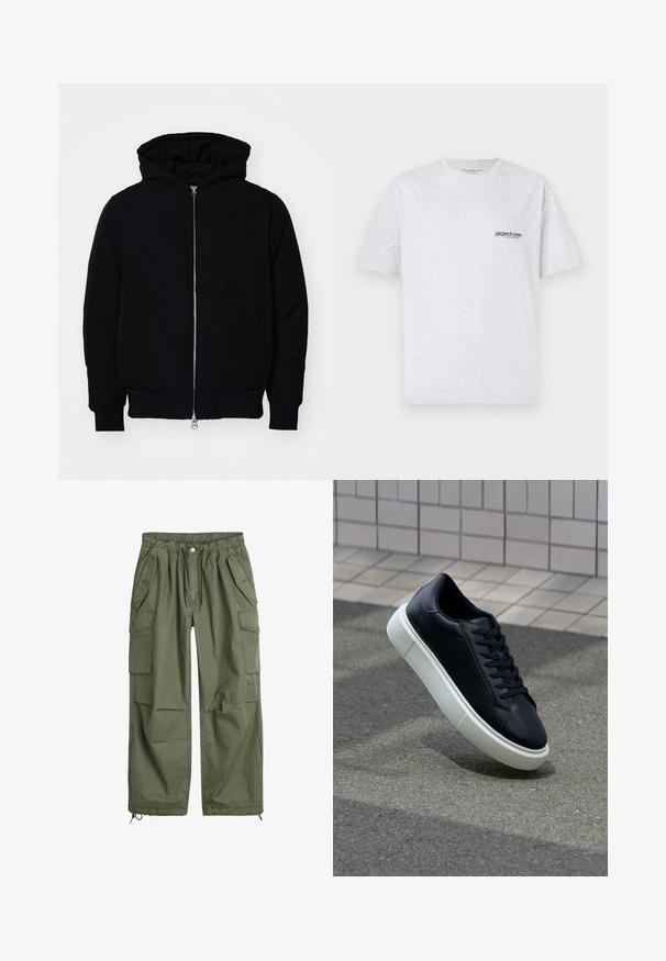 Czarna kurtka z kapturem, z suwakiem z przodu, kieszenią kangurką, ściągaczami przy mankietach i dolnym brzegu, prezentowana na jednolitym białym tle.; Szara koszulka z krótkim rękawem z małym niebieskim logo "project core" po lewej stronie klatki piersiowej, wyeksponowana na jednolitym tle.; Oliwkowe spodnie cargo z elastycznym pasem, sznurkiem, wieloma bocznymi kieszeniami i zwężanymi nogawkami. Wykonane z trwałego materiału bawełnianego.; Czarne skórzane sneakersy z okrągłym noskiem i białą gumową podeszwą. Posiadają płaskie sznurowadła i minimalne przeszycia na cholewce. Teksturowana podeszwa zapewnia przyczepność.