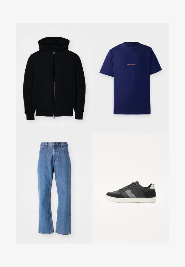 Melna kapucēta jaka ar priekšējo rāvējslēdzēju, kenguru kabatu, ribinātām aprocēm un apakšmalu, parādīta uz vienkārša balta fona.; Tums zila kokvilnas T-kreklā ar īsām piedurknēm. Raksturīgs neliels, oranžs izšūts logo uz krūts. Klasiska apaļā kakla izgriezuma dizains.; Zilā augstās jostas vietas taisno kāju džinsi ar priekšējām kabatām, jostu cilpām un pogu aizdari uz balta fona.; Melns un pelēks zemā tipa sporta apavi ar baltu zoli, šņorēm un "Lee" logo sānu panelī uz balta fona.