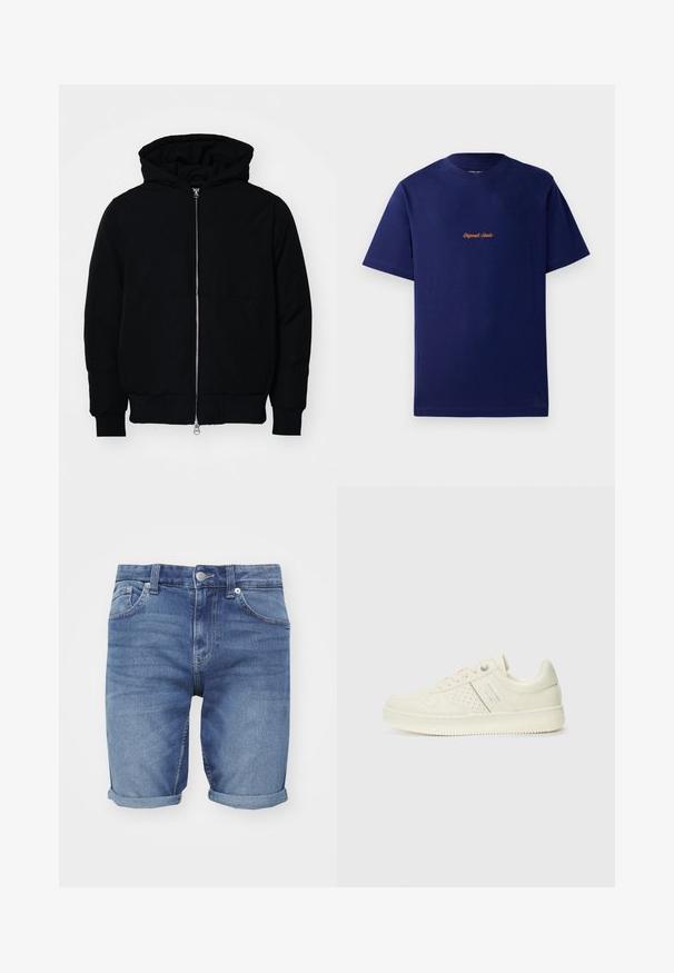 Black hooded jacket with front zipper, kangaroo pocket, ribbed cuffs, and hem, displayed on a plain white background.; Navy blue cotton t-shirt with short sleeves. Features a small, orange embroidered logo at the chest. Classic crew neck design.; Denim shorts in light blue. Features a classic five-pocket design, rolled hems, and a metal button closure at the waist.; Cream-colored sneaker with perforated detailing, laces, and logo on the side, displayed against a plain white background.