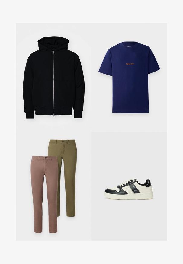 Black hooded jacket with front zipper, kangaroo pocket, ribbed cuffs, and hem, displayed on a plain white background.; Navy blue cotton t-shirt with short sleeves. Features a small, orange embroidered logo at the chest. Classic crew neck design.; Two pairs of slim-fit pants: one in a muted brown and the other in olive green. Both feature clean lines and standard waistbands with buttons.; Leather sneakers with a black and cream color scheme, featuring perforated accents, a padded collar, and a textured outsole.