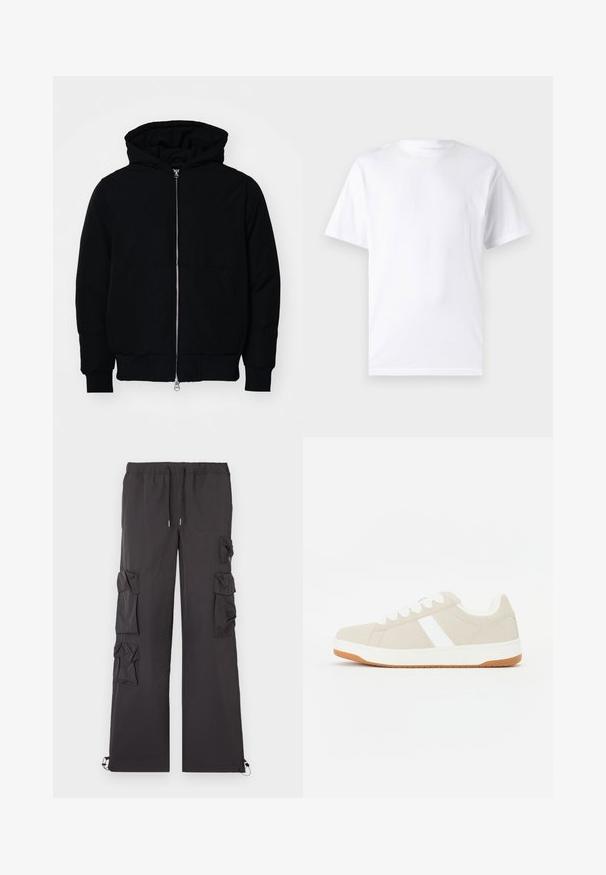 Črna kapuca jakna s sprednjim zadrgo, kenguru žepom, rebrastimi manšetami in hemom, razstavljena na enostavni beli ozadju.; Bela majica s kratkimi rokavi iz bombaža z okroglim izrezom, ki ima gladko teksturo in preprost dizajn brez vzorcev ali poudarkov.; Črne cargo hlače z vrvico v pasu, z več žepi ob straneh in elastičnimi manšetami na gležnjih. Lahkoten material.; Bežni copati z belimi detajli, zlikedano teksturo, zaobljeno obliko, zavezovanjem in kontrastnim gumijastim podplatom.