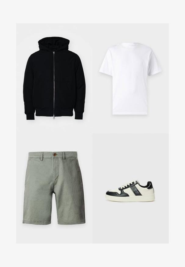 Crna kapuška jakna s prednjim zatvaračem, kenguru džepom, rebrastim manžetama i rubom, prikazana na običnoj bijeloj pozadini.; Bijela kratka majica s kratkim rukavima od pamuka s okruglim izrezom, s glatkom teksturom i jednostavnim dizajnom bez uzoraka ili naglasaka.; Svijetlozelene kratke hlače izrađene od mješavine pamuka, s prednjim kopčanjem na dugme, ušicama za remen i ravnim frontom. Glatka tekstura, do koljena.; Kožne tenisice s crno-bijelom paletom boja, koje imaju perforirane akcentne detalje, podstavljeni ovratnik i teksturiranu potplat.