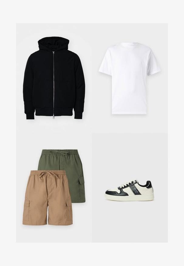 Schwarze Kapuzenjacke mit Frontreißverschluss, Kängurutasche, gerippten Bündchen und Saum, auf einem schlichten weißen Hintergrund präsentiert.; Weißes kurzärmeliges T-Shirt aus Baumwolle mit Rundhalsausschnitt, das eine glatte Textur und ein einfaches Design ohne Muster oder Akzente aufweist.; Zwei Paar Cargo-Shorts; eines in Khaki, eines in Grün. Jedes hat einen elastischen Bund, einen Kordelzug und seitliche Taschen. Glatte Stoffstruktur.; Leder-Sneaker in Schwarz- und Cremetönen, mit perforierten Akzenten, einem gepolsterten Kragen und einer strukturierten Laufsohle.