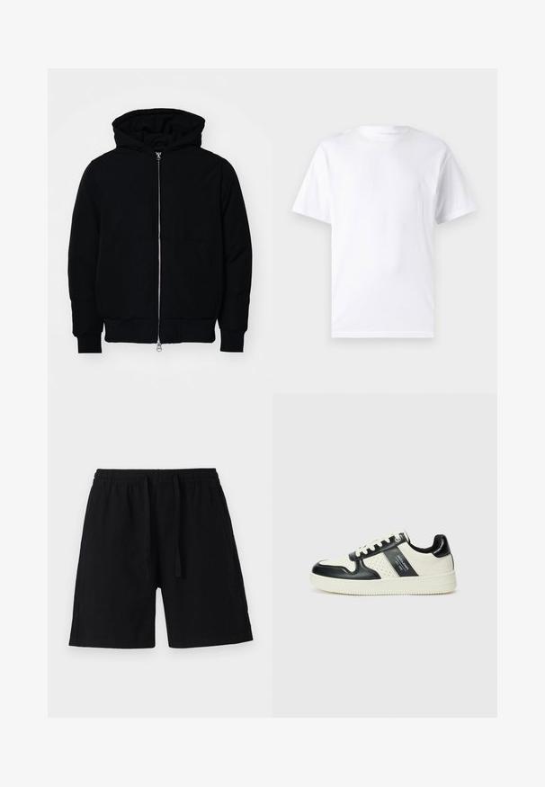 Zwarte hoodie met rits aan de voorkant, kangoeroe-pocket, geribbelde manchetten en zoom, weergegeven op een effen witte achtergrond.; Witte T-shirt met korte mouwen, gemaakt van katoen, met een ronde hals. Het heeft een gladde textuur en een eenvoudig ontwerp zonder patronen of accenten.; Zwarte shorts van lichtgewicht materiaal met een elastische tailleband en trekkoord. Heeft een relaxte pasvorm en geen zichtbare zakken.; Leren sneakers met een zwart en crèmekleurig kleurenschema, voorzien van geperforeerde accenten, een gevoerde kraag en een gestructureerde buitenzool.