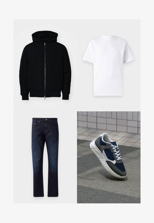 Fekete kapucnis dzseki elülső cipzárral, kenguruzsebbel, bordázott mandzsettákkal és aba, egy sima fehér háttér előtt.; Fehér, rövid ujjú póló, pamutból készült, kerek nyakkivágással, sima textúrával és egyszerű, minták vagy díszítések nélküli kivitelben.; Sötétkék farmernadrág egyenes szabással, két elülső zsebbel, egy aprópénzes zsebbel és gombos záródással. Enyhén megfakult textúra.; Cipő, amelynek sötétkék hálós felsőrésze, szürke velúr díszítései, fehér gumitalpa és lapos fehér fűzője van, a kényelem és a légáteresztő képesség érdekében tervezve.