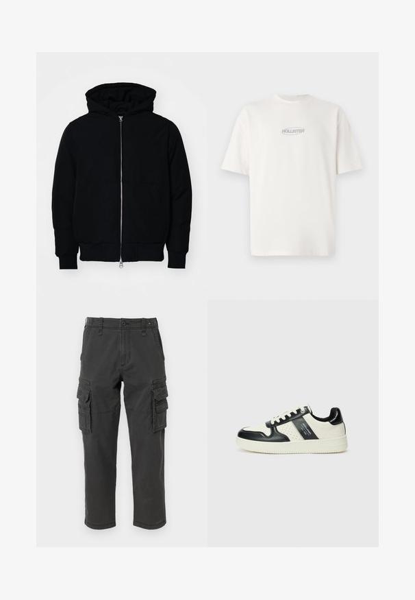 Juodas gobtuvėlis su priekiniu užtrauktuku, kengūros tipo kišene, lygiais rankogaliais ir apvadu, pateiktas ant vientiso balto fono.; Balta medvilninė marškinėlė su apvalia iškirpte ir trumpomis rankovėmis, ant krūtinės centre esantis mažas pilkas "HOLLISTER" logotipas.; Tamsiai pilkos medvilnės cargo kelnės, turinčios kelis šoninius kišenes, užtrauktuku uždaromą kišenę ir tiesaus kirpimo dizainą su siuvinėtomis siūlėmis.; Odiniai sportbačiai juodos ir kreminės spalvų schemoje, su perforuotais akcentais, paminkštinta apykakle ir tekstūruotu padu.