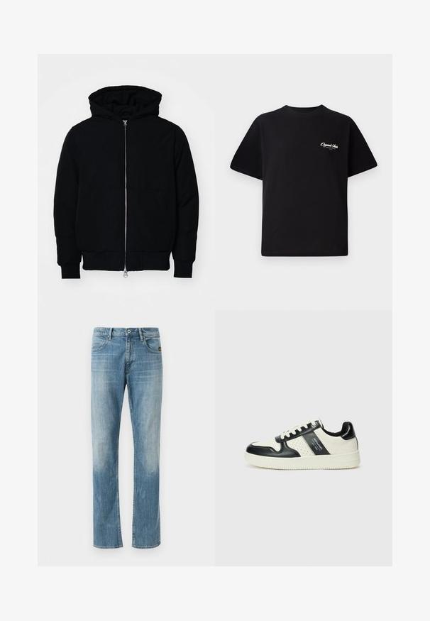 Svart hettejakke med frontglidelås, kengurulomme, ribbestrikket mansjetter og søm, vist på en ensfarget hvit bakgrunn.; Svart bomull t-skjorte med rund hals, korte ermer og liten hvit logo-tekst på venstre bryst. Enkel design, klassisk passform.; Lys blå denimbukser med rett passform, med en falmet vask, fem-lomme design og knappestrand foran.; Lædersneakers med sort og creme farveskema, der har perforerede detaljer, en polstret krave og en struktureret ydersål.