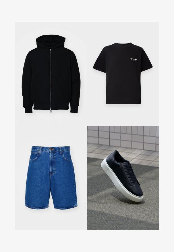 Chaqueta negra con capucha, cierre frontal, bolsillo tipo canguro, y puños y dobladillo acanalados, exhibida sobre un fondo blanco liso.; Camiseta de algodón negra con cuello redondo, mangas cortas y pequeño texto en blanco del logo en el lado izquierdo del pecho. Diseño simple, corte clásico.; Shorts de mezclilla desgastados en azul brillante, con un corte recto, diseño de cinco bolsillos y detalles dorados en la cinturilla y las costuras.; Zapatilla de cuero negro con punta redonda y suela de goma blanca. Presenta cordones planos y un mínimo de costuras en la parte superior. Suela texturizada para proporcionar agarre.