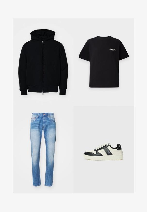 Black hooded jacket with front zipper, kangaroo pocket, ribbed cuffs, and hem, displayed on a plain white background.; Black cotton t-shirt featuring a crew neckline, short sleeves, and small white logo text on the left chest. Simple design, classic fit.; Light blue denim jeans with a slim fit, featuring faded areas, a distressed rip on the left knee, and five-pocket styling.; Leather sneakers with a black and cream color scheme, featuring perforated accents, a padded collar, and a textured outsole.