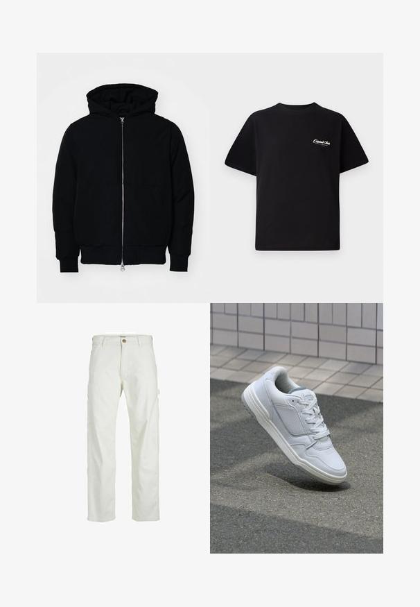 Černá kapucňová bunda s předním zipem, klokaní kapsou, vroubkovanými manžetami a spodním lemem, vystavená na čistém bílém pozadí.; Černé bavlněné tričko s kulatým výstřihem, krátkými rukávy a malým bílým logem na levé straně hrudi. Jednoduchý design, klasický střih.; Bílé cargo kalhoty s uvolněným střihem, předním zapínáním na knoflík a několika kapsami po stranách, vyrobené z odolného bavlněného materiálu.; Bílé kožené tenisky s perforovanými stranami, texturovanými detaily, plochými tkaničkami a kontrastní šedou patou. Mají mírně zvýšenou podrážku.