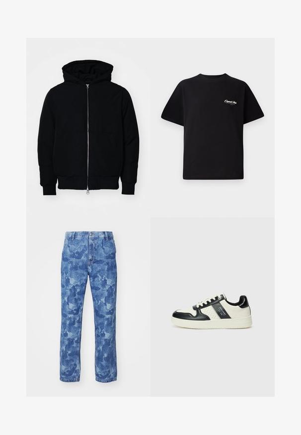 Czarna kurtka z kapturem, z suwakiem z przodu, kieszenią kangurką, ściągaczami przy mankietach i dolnym brzegu, prezentowana na jednolitym białym tle.; Czarny bawełniany t-shirt z okrągłym dekoltem, krótkimi rękawami i małym białym logo na lewej piersi. Prosty design, klasyczny krój.; Jasnoniebieskie dżinsy z efektem prania; proste nogawki z lekko wyblakłym wzorem; standardowy design pięciu kieszeni i metalowe zapięcie na guzik.; Skórzane sneakersy w czarno-kremowym schemacie kolorystycznym, z perforowanymi akcentami, wyściełanym kołnierzem i teksturowaną podeszwą.