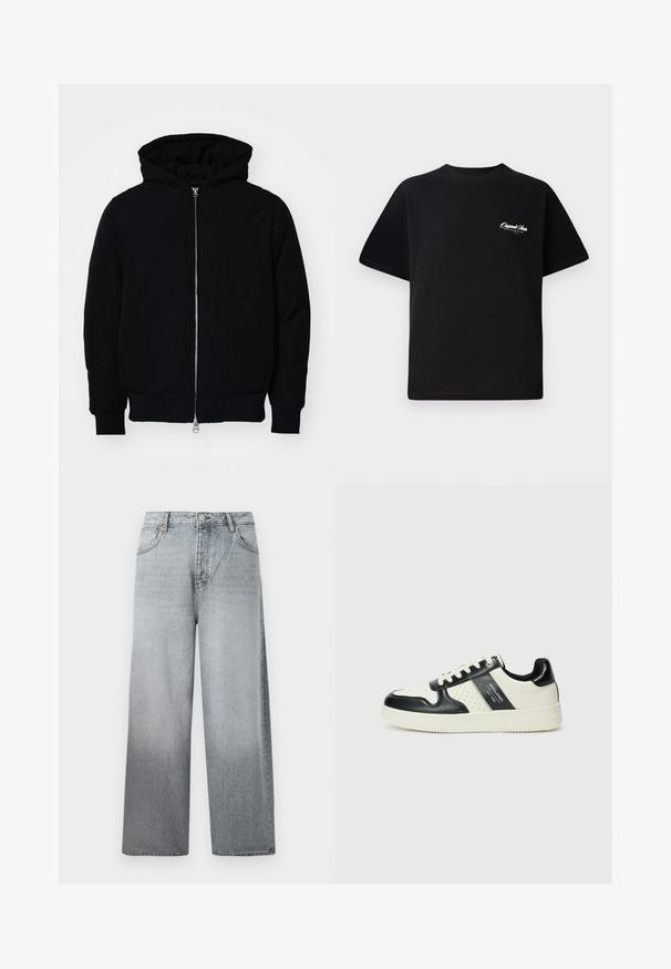 Mustaga kapuutsiga jakk, millel on esineed, kenguru tasku, soonikkoes, ja alläär, esitatud lihtsal valgel taustal.; Must mustrüst t-särk, millel on ümar kaelus, lühikesed varrukad ja väike valge logo tekst vasakul rinnal. Lihtne disain, klassikaline sobivus.; Heledad hallhallid teksad, millel on kulumusmõju, nupuga ja tõmblukuga sulgemine, viie-taskuline disain ning kontrastsed õmblused.; Nahatud nahkkingad musta ja kreemi värviskeemiga, millel on perforeeritud aktsendid, pehme krae ja tekstureeritud tallad.