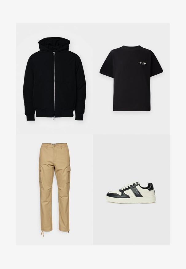 Giacca nera con cappuccio, dotata di zip frontale, tasca a marsupio, polsini e orlo a coste, esposta su uno sfondo bianco semplice.; T-shirt in cotone nero con scollatura rotonda, maniche corte e piccolo testo del logo bianco sul lato sinistro del petto. Design semplice, vestibilità classica.; Pantaloni cargo color khaki con vestibilità dritta, realizzati in cotone. Caratteristiche includono tasche laterali, chiusura con bottone e lacci regolabili alla caviglia.; Sneakers in pelle con una combinazione di colori nero e crema, dotati di dettagli perforati, collare imbottito e suola testurizzata.