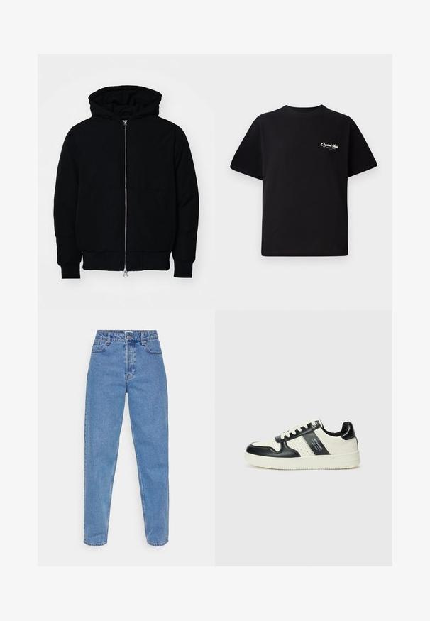 Črna kapuca jakna s sprednjim zadrgo, kenguru žepom, rebrastimi manšetami in hemom, razstavljena na enostavni beli ozadju.; Črna bombažna majica s krožno ovratnikom, kratkimi rokavi in majhnim belim logotipom na levem prsnem delu. Preprost dizajn, klasičen kroj.; Svijetloplave traperice, visokog struka s ravnim nogavicama, s pet džepova i klasičnim zatvaranjem na dugme i patentni zatvarač.; Usnjeni športni čevlji z črno in krem barvno shemo, ki vključujejo perforirane dodatke, podložen ovratnik in strukturirano podplat.