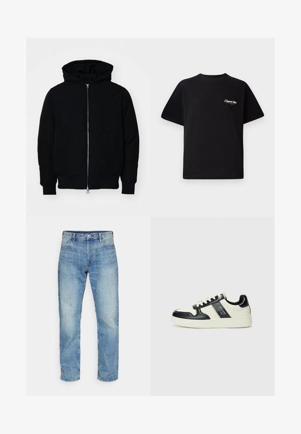 Mustat huppu-untuvatakki, jossa on vetoketju edessä, kenguru-tasku, ribatut hihansuut ja helma, esillä yksinkertaisella valkoisella taustalla.; Mustat puuvillateepaidat, joissa on pyöreä kaula-aukko, lyhyet hihat ja pieni valkoinen logoteksti vasemmassa rinnassa. Yksinkertainen suunnittelu, klassinen istuvuus.; Vaaleansiniset farkut suoran lahkeen muotoilulla, viidellä taskulla, nappikiinnityksellä ja haalistuneilla alueilla lisätekstuuria varten.; Nahkakengät musta-kerma värimaailmassa, joissa on rei'itetyt yksityiskohdat, pehmustettu nilkkaosa ja teksturoitu pohja.