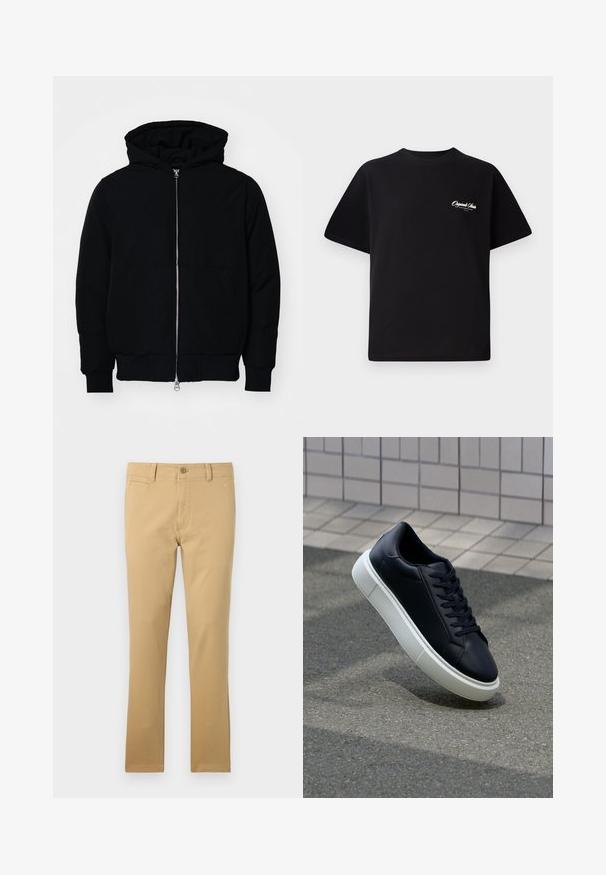 Svart hettejakke med frontglidelås, kengurulomme, ribbestrikket mansjetter og søm, vist på en ensfarget hvit bakgrunn.; Svart bomull t-skjorte med rund hals, korte ermer og liten hvit logo-tekst på venstre bryst. Enkel design, klassisk passform.; Khaki bukser laget av bomull, med rett ben-design, frontlommer, knappelukking og subtilt stoffmønster.; Sorte skinnsneakers med rund tå og hvit gummisåle. Har flate lisser og minimal søm på overdelen. Strukturert såle for grep.
